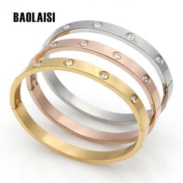 Baolaisi Fashion Couple Love Jewelry Crystal Cuff Bracelet for Women/men Gold Color Stainless Steel Bracelets & Bangles Bijoux Q0719