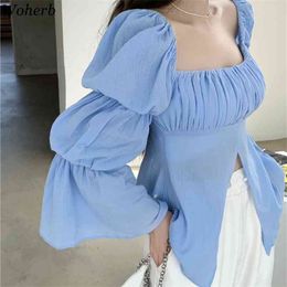 Square Collar Top Puff Sleeve Blouse Women Blue Shirt Elegant Sexy Split Tops and Bloues Vintage Korean Chic Blusas 210519