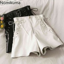 Nomikuma Korean Style High Waist PU Shorts Women Drawstring Lace Up Casual Streetwear Short Pants Female Chic Pantalones 210514