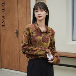 Retro Printed Blouse Women's Spring Lapel Long Sleeve Single Breasted Fashion Large Size Shirt Female 5A1120 210427