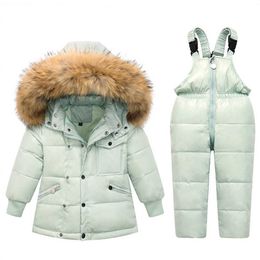 -30 Degree Baby Boy Girl Down Snowsuit Ski Suit Coat Fur Collar Parkas 2Pcs Set Children Clothing Boy Overalls Jacket For Girl H0909