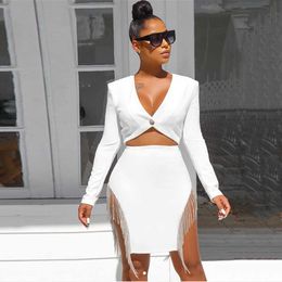 Winter Women's White Bodycon Bandage 2 Two-piece Set Sexy Long Sleeve V-neck Tassel + Mini Skirt Club Party Suit 210527