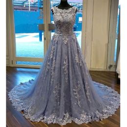 Elegant Grey Blue sleeveless Evening Dresses Women Event Occasion Formal Gowns Custom Lace Tulle Prom Dress Vestidos de Festa