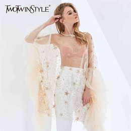 Sexy Dress For Women O Neck Long Sleeve Perspective Patchwork Sequined Appliques Asymmetrical Dresses Female 210520