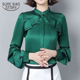 Office Lady Stand Collar Solid Blouse Autumn Long-Sleeve Satin Women Shirts Ruffles Cardigan Ladies Tops 11089 210415