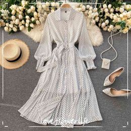 Women Elegant Long Dress With Belt Polka Dot Print Office Lady Shirt Dress Long Sleeve Pleated Chiffon Dress Vestidos 210521