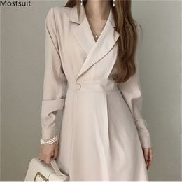 Notched Collar Women Suit Dress Spring Full Sleeve Korean Office Female A-line Long Dresses Vestidos 210513