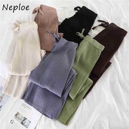 Neploe Knitted Pants Women Fashion Korean Solid Lace Up Stretch Waist Trousers Casual Loose Wide Leg Femme 42747 210925
