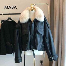 Winter Women Fur Collar Winter Natural Sheepskin Coat Black Khaki Warm Korean Fleece Faux Leather Jacket Oversized 211118