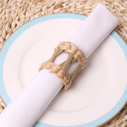 fabric napkin rings UK - Napkin Rings 12pcs Natural Bamboo Straw Woven Cloth Square Satin Fabric Pocket Handkerchief For Wedding Birthday Home Party