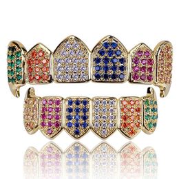 Gold Teeth Grillz Multi-Color Micro Pave CZ Bling Cubic Zirconia Top & Bottom Grillzs Hip Hop Jewellery