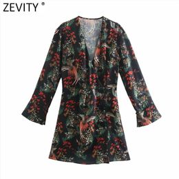 Women Vintage V Neck Totem Flower Animal Print A Line Dress Chic Female Long Sleeve Chinese Plate Vestido DS5024 210416