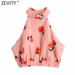Zevity Women Sweet Floral Print Short Shirt Lady Stand Collar backless Elastic Strap Blouse Roupas Chic Crop Beach Tops LS9398 210603