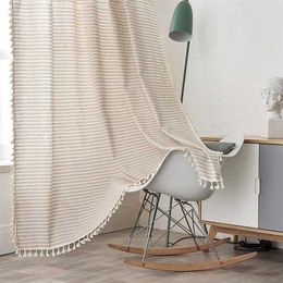 Yaapeet Cotton Linen Beige Stripe Tassel Curtain Window Hanging Blackout Curtain for Living Room Easy Drape Bay Window Cortinas 211203