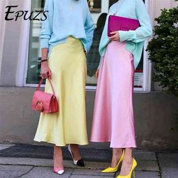 Vintage high waist skirts womens summer midi Streetwear korean jupe femme casual Boho yellow satin 210708