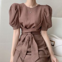 Women Apricot Vintage Bandage Long Dress Round Neck Short PuffSleeve Loose Fit Fashion Spring Summer 2F0530 210510