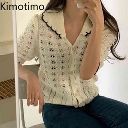 Kimotimo Korean Knit Cardigan Women Summer Vintage Turn-down Collar Single Breasted Tops Hollow Crochet Short Sleeve Sweater 210806