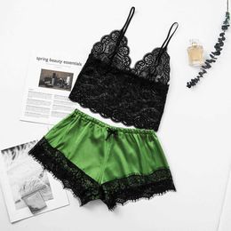 Women's Sleepwear Sexy Satin Pajama Set Bowknot Lace V-Neck Pyjamas Sleeveless Cute Cami Top and Shorts #3 Q0706