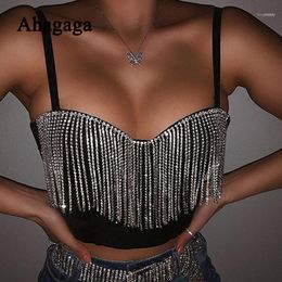 Ahagaga Sexy Tassel Camisole Women Diamond Fashion Patchwork Vest Short Tops Sleeveless Clubwear Camis Female Blusas Tops1