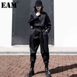 [EAM] Black Casual Sashes Loose Fit Women Jumpsuit High Waist Pocket Stitch Pants Fashion Spring Autumn 1DD8472 21512