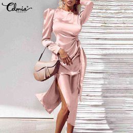 Celmia Asymmetrical Slit Vestidos 2022 Fashion Satin Bandage Gigot Sleeve Evening Robes Bodycon Party Elegant Women Midi Dress Y220214