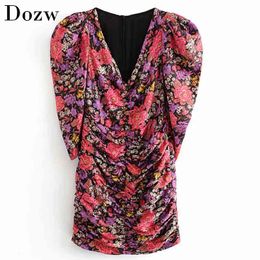 Lady Floral Print Sexy Bodycon Mini Dress Deep V Neck Puff Sleeve Chic Dresses Pleated Button Streetwear Sundresses Ropa Mujer 210414