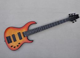 5 Strings Orange Electric Bass Guitar with Black Binding,Quilted Maple Veneer,Rosewood Fretboard,24 Frets