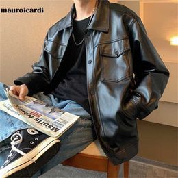 Mauroicardi Spring Black Light Oversized Leather Shirt Men Long Sleeve Buttons Loose Causal Mens Leather Jackets and Coats 211110