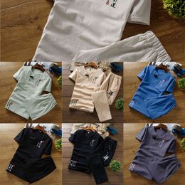 Summer Retro Embroidery 2 Piece Set Men Casual Fashion Men Short-Sleeved Tshirt and Lace up Ankle Length pants 7 Color Options X0610