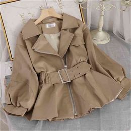 Fall Women Leather Short Jacket Turn-Down Collar Korean Style Fashion Faux Leather PU Coat with Belt Slim Outwear Full 210522