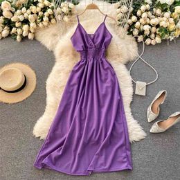 Women Fashion Seaside Cross V-neck Sexy Pleated Slim A-line Dress Lady Sleeveless Solid Colour Vestido De Mujer R237 210527