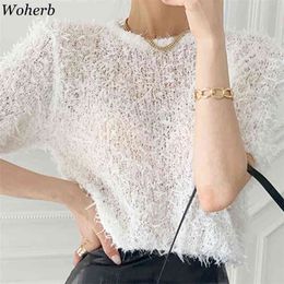 Shirts for Women Korean Chic Tassel Knitted Tshirts O-neck Short Sleeve White Tees Summer Fashion Thin Tops Mujer 95473 210519