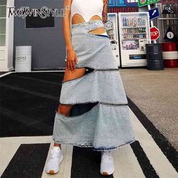 Elegant Loose Denim Summer Skirt Women High Waist Hollow Out Asymmetrical Skirts For Female Clothing Fashion 210521