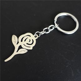 Leaf Rose Flower Keyring Stainless Steel Plant Keychains Jewelry Gift For Women Girls 12 Pieces Whole