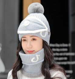 Slouchy Cuffed Knitted beanies POM wool knit hat +breathable mouth cover + scarf 3 piece set women ladies girls full head cover ski outdoor headwear