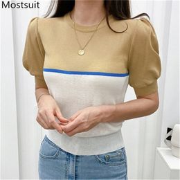 Summer Color-blocked Korean Knitted T-shirts Tops Women Short Sleeve O-neck Fashion Tees Casual Elegant Laides T Shirts 210513