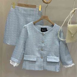 Autumn Winter Korean Casual Tweed Two Piece Set For Women Crop Top Short Woollen Jacket Coat + Bodycon Mini Skirt 2 210514