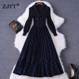 Spring Autumn Designers Elegant Lantern Sleeve Vintage Dress Party Celebrity Festa Women Fashion Midi Pleated Robe Femme Vestido 210601