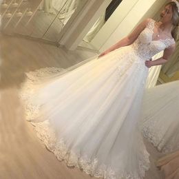 2022 Full Length Ivory A Line Wedding Dresses V Neck Bridal Gowns Appliques Lace Beaded Long Corset Tulle Bride Dress Custom Made Plus Size Summer Vestidos De Novia