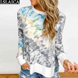 Woman Tshirts Tie Dye Print Vintage Long Sleeve O Shirts For Women Plus Size 5xl Fashion Tops T Shirt Casual Loose 210520