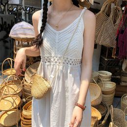 Sweet Summer Spaghetti Strap Dress Women Sleeveless Crochet Hollow Out Vestidos Korean Students White Cute Beach Sundresses 210619