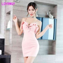 Korean sexy tight pink strappy hip dress Knee-Length Spaghetti Strap V-Neck Zippers Solid 210416