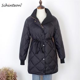 Schinteon Women Down Jacket Diamond 90% White Duck Coat Slim Winter Warm Outwear with Belt Fashion 210923