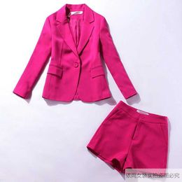 suit fashion Korean shorts women's two-piece casual small rose red High quality office ladies blazer 210527