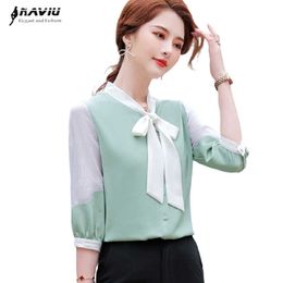 Light Green Bow Shirt Women Design Summer Casual Half Sleeve Chiffon High End Blouses Office Ladies Fashion Work Tops 210604