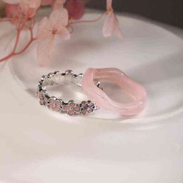 Trendy Painting Oil Pink Flower Rings Sets for Women Girl Aesthetic Silver Colour Finger Ring Fashion Wedding Accessories Jewellery G1125