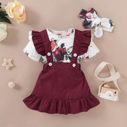 Baby Suit Spring Summer Girls Clothes Fashion Short-sleeved Print Jumpsuits + Solid Colour Suspender Skirt Hair Band 210515