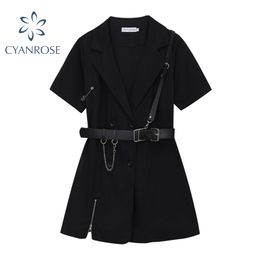 Gothic Punk Black Blazer Dress Short Sleeve Summer High Waist With Belt Streetwear Fashion Harajuku Goth Dress Girl 210417