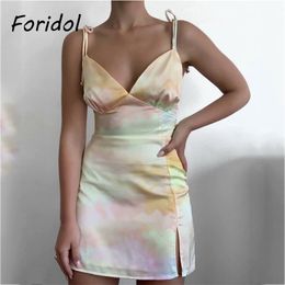 Foridol Tie-dyed Satin Party Dress Women Strap Lace Up Side Slit Short Summer Dress Sleeveless Beach Boho Rainbow Sundress 210415