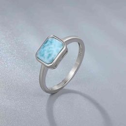2021 Trend 925 Sterling Silver Natural Gemstones Larimar Ring for Women Geometry Design Classic Simple Female Jewelry Dating